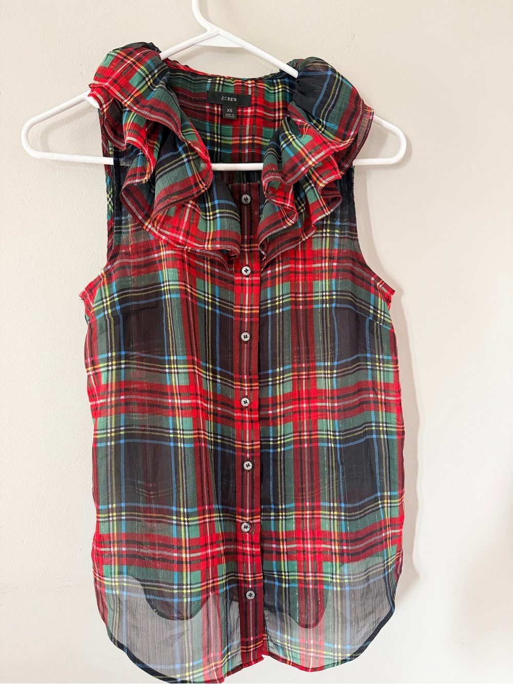 J. Crew Red Green Navy Plaid Ruffle Collar Sleeveless sheer Blouse